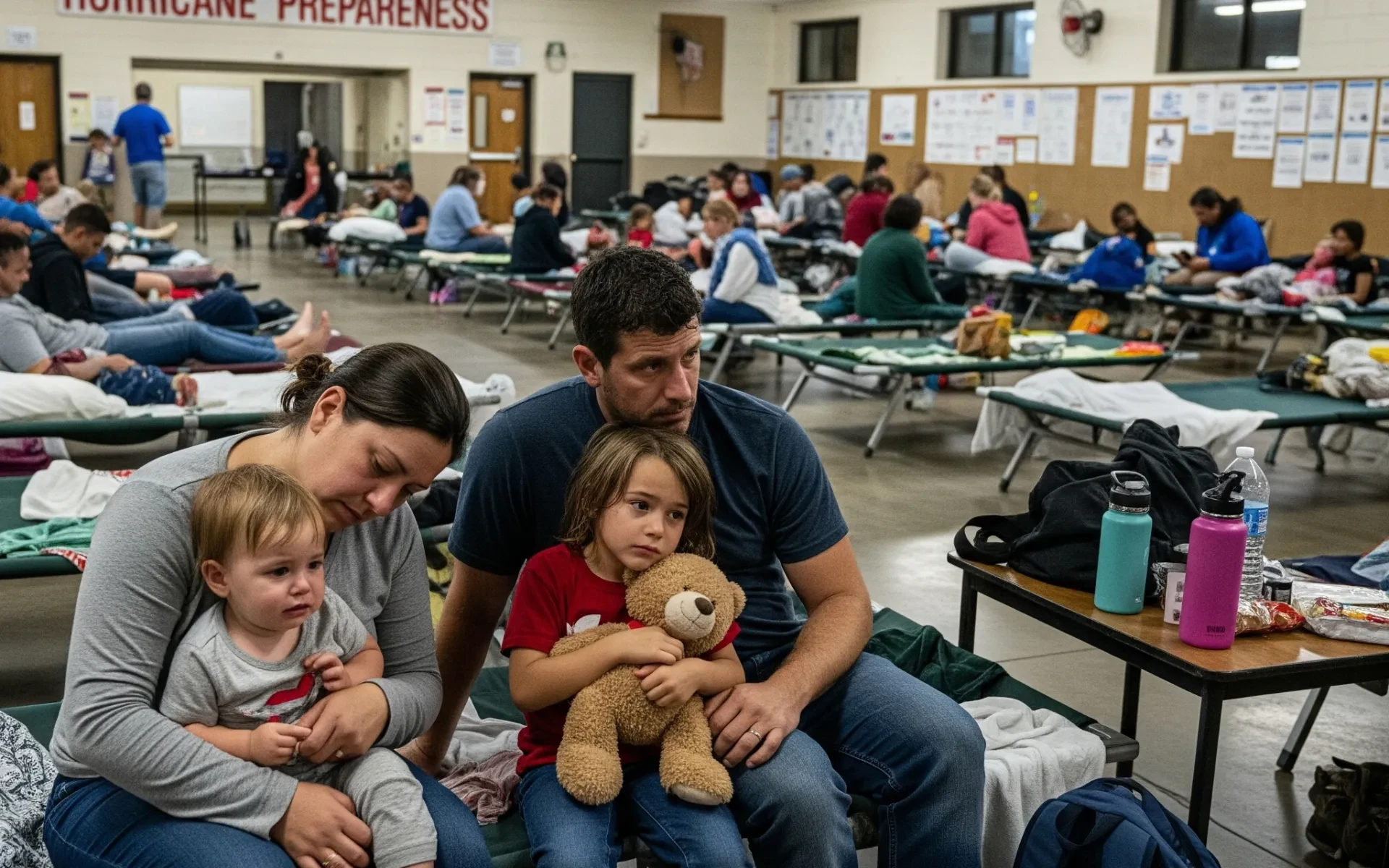 Family in a hurricane shelter - what to do in a hurricane